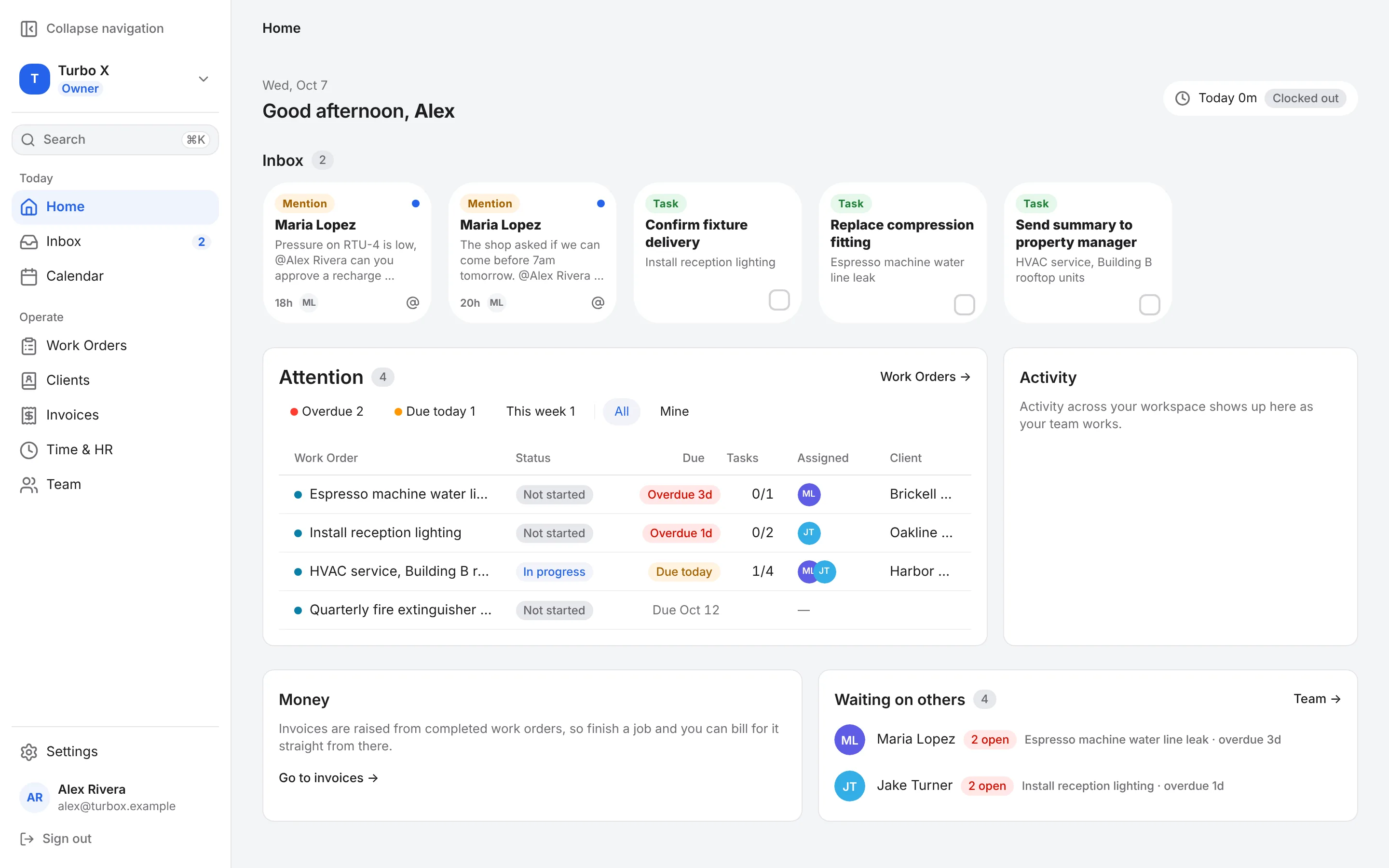The Slate home screen in a desktop browser: inbox cards for mentions and tasks, an Attention table of work orders with their status, due dates, task counts and assignees, and a list of teammates with open work beside it.