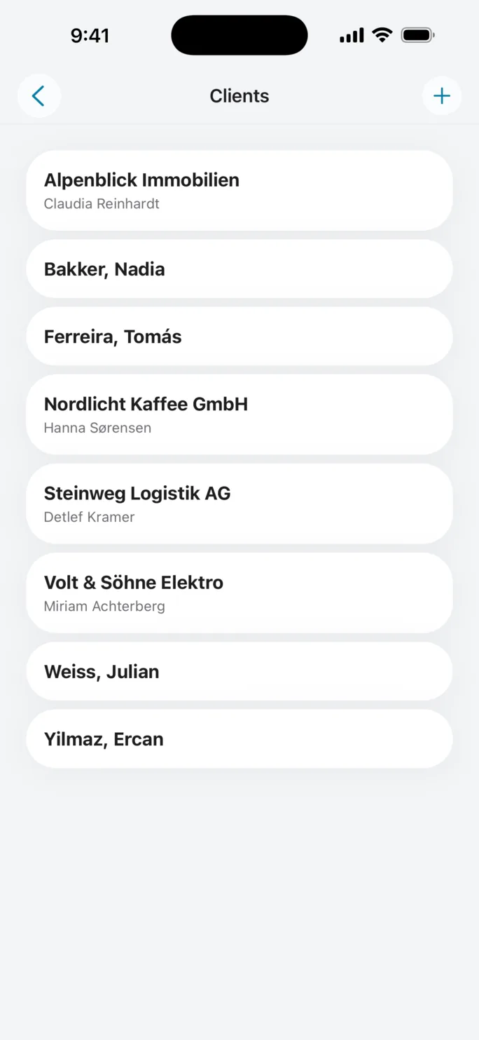 The Slate client list on iPhone: eight clients, each company showing the person to ask for underneath it, and private clients filed by surname.