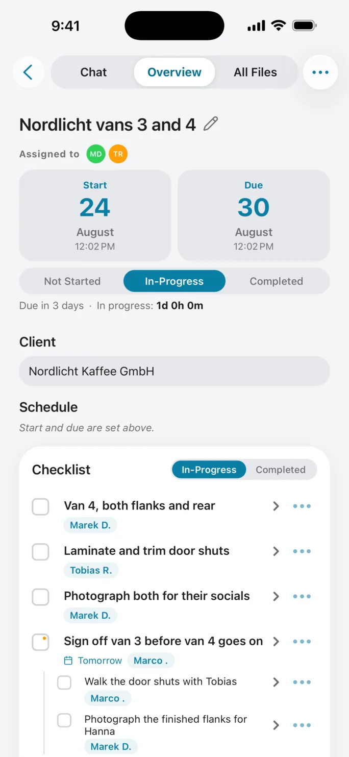 A Slate work-order overview on iPhone, with assigned teammates, start and due dates, In-Progress status, a client and a checklist with assigned tasks and subtasks.