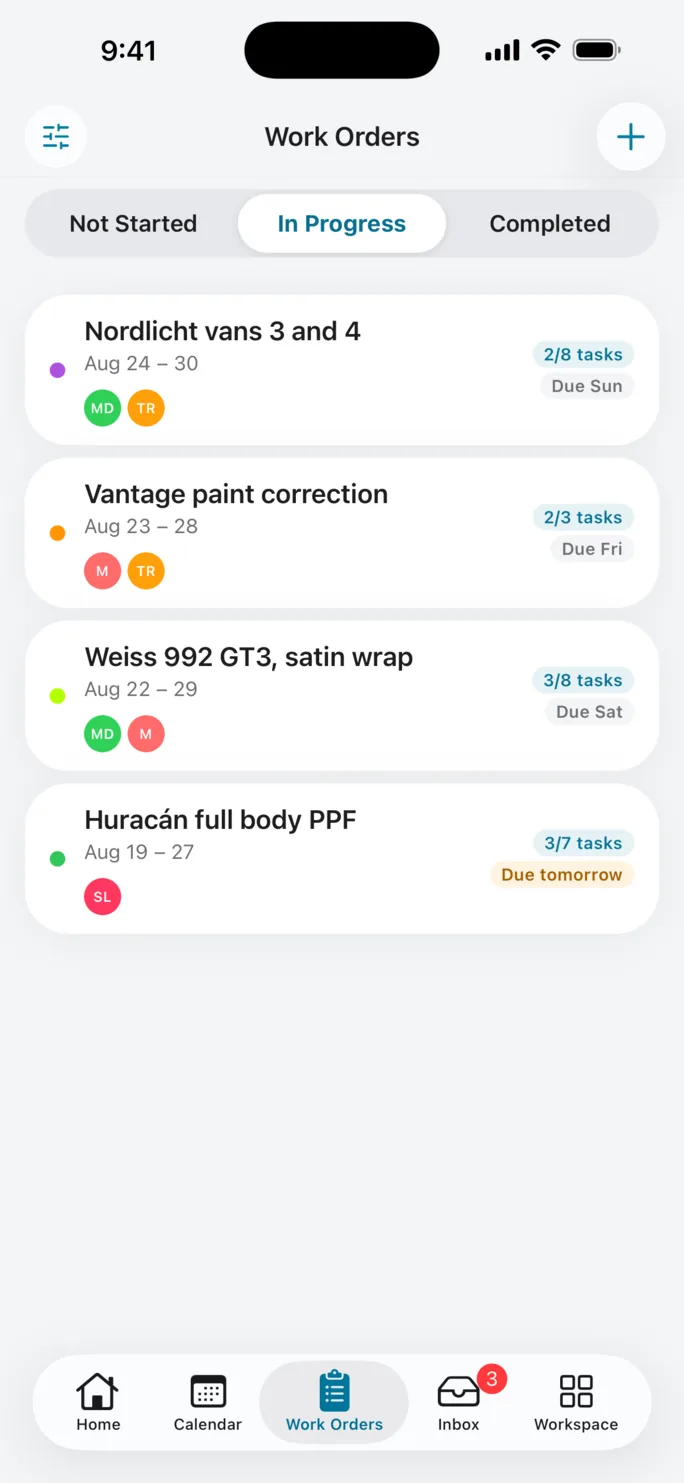 The In Progress work orders on iPhone, four jobs on cards with the dates they run between, the teammates assigned to each, how many of their tasks are done and the day each one is due.